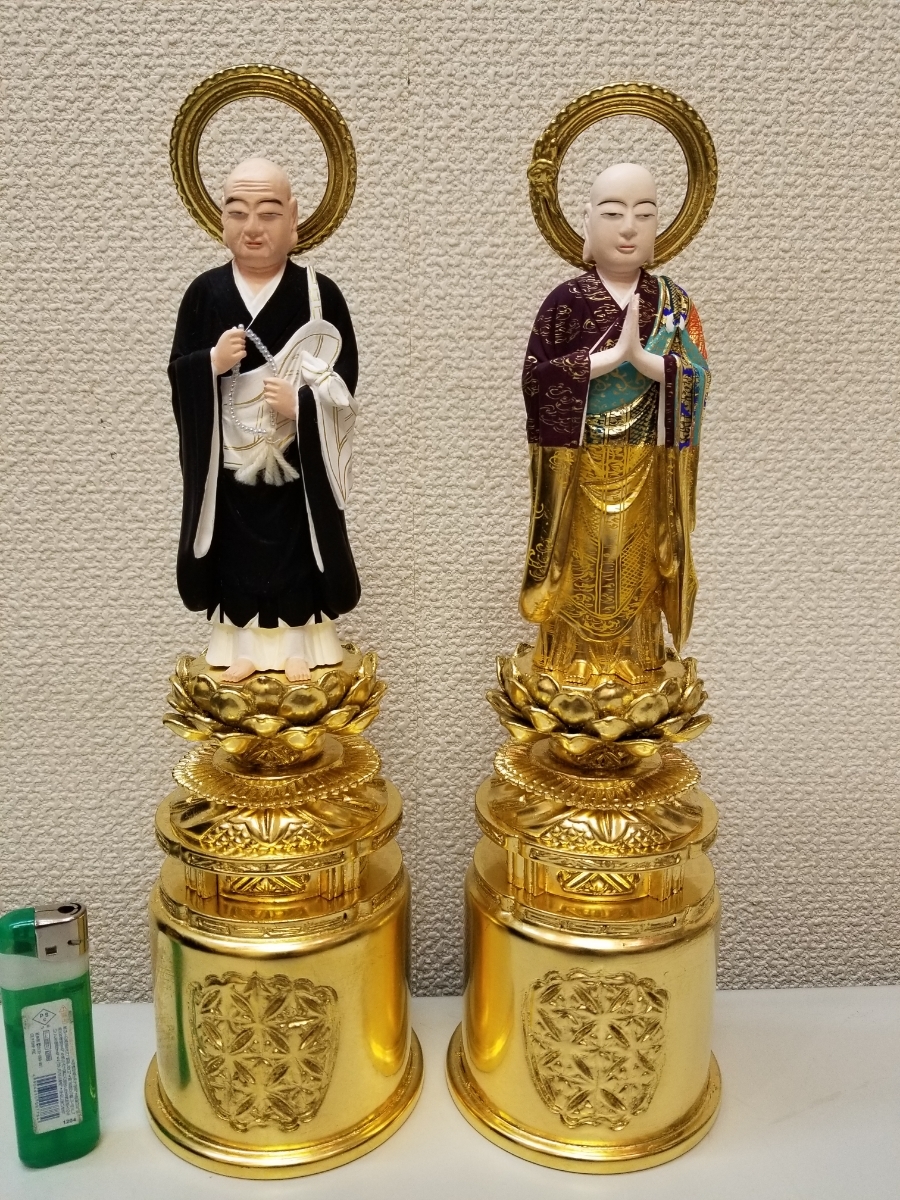 浄土宗　両大師　木製　京型　彩色　四寸五分　総丈３２センチ　善導　法然　仏壇　お内仏　脇仏　国産品　アウトレット　デッドストック
