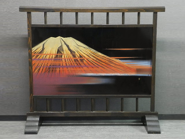 ◇栄◇輪島 大角博明 造 金蒔絵 富士図 木製 衝立 24s131 赤富士 沈金