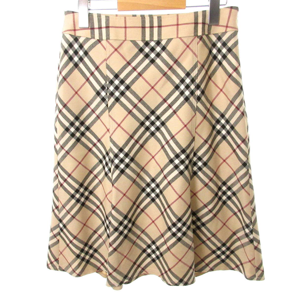 バーバリー ロンドン BURBERRY LONDON フレアスカート 6枚剥ぎ ひざ丈 ひざ下 ノヴァチェック ウール ベージュ 38 *Y24 065WE