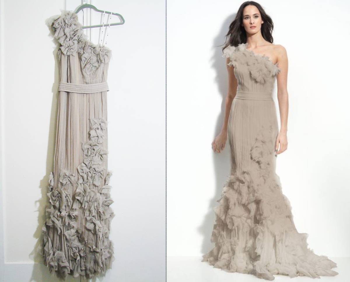 TADASHI SHOJI TADASHI SHOJI タダシショージ ワンショルダー シフォン フローラル アップリケ ロングドレス ライトベージュ(サイズ 4)