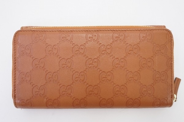 anzw グッチ GUCCI 長財布 シマ レザー ラウンドファスナー 茶