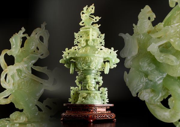 中国美術 古玩 唐物 玉石 彫刻 特大香炉 翡翠 中国美術 翡翠 玉石 香炉