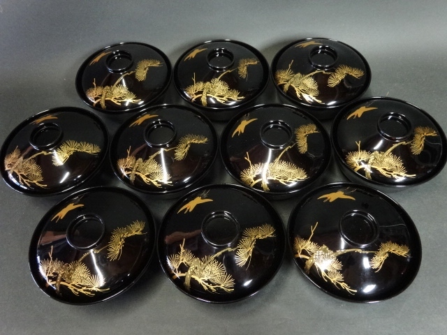 木製漆器 輪島塗 レ》朱塗 吸物椀5客 鶴亀蒔絵 蓋内