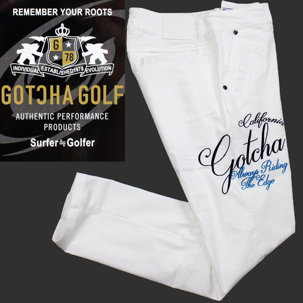 新品 GOTCHA GOLF ガッチャ ゴルフ 防汚加工 ビッグ刺繍 ストレッチパンツ XL ウエスト87cm ホワイト ゴルフウェア ◆JN11A