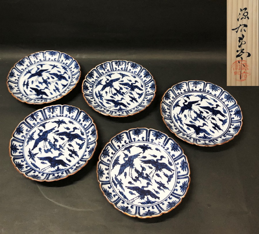 美術品・アンティーク・コレクション 染付 銘々皿 五枚セット『花文