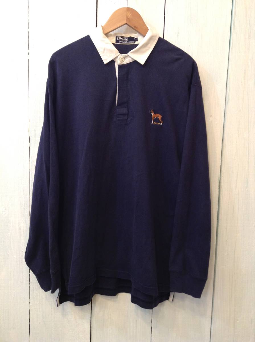 Ralph Lauren ラルフローレン ラガーシャツ ラグビー コットン長袖ポロシャツ メンズL～XL 濃い紺 良品 Lauren POLO ラガーシャツ ポロラルフローレン 90年代 ポロ、ラガ