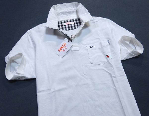 定価14300円 新品▼ SUN 68 サンシックスティエイト▼ 日本製 チェック使い 胸ポケ付き △×ロゴ 半袖 鹿の子ポロシャツ(M)WHT