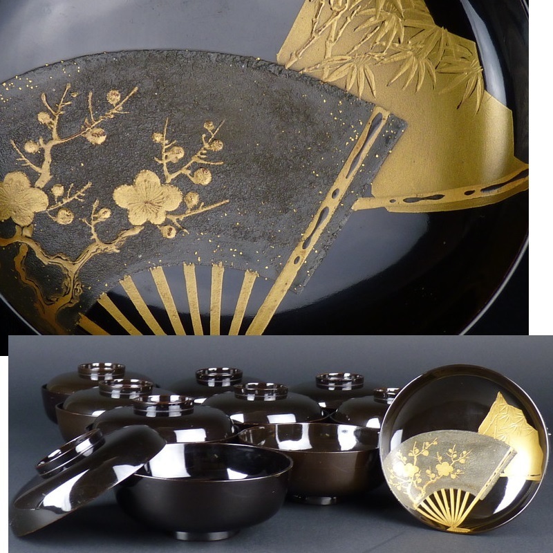 皆朱　蒔絵梅蘭紋　木製煮物お椀10点　木箱入　送料込み260608 皆朱 蒔絵梅蘭紋 木製煮物お椀10点 木箱入 送料込み260608 皆朱 蒔絵梅