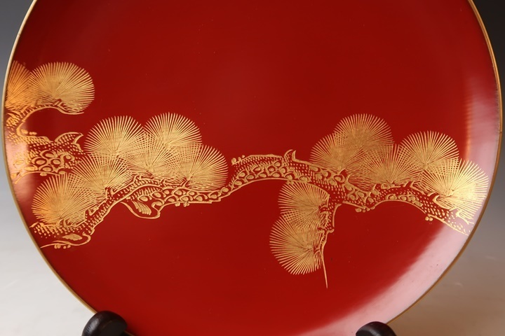 遅日亭】時代 輪島塗 沈金蒔絵 松文 朱塗 木皿 七寸 手前盆 10客 無傷