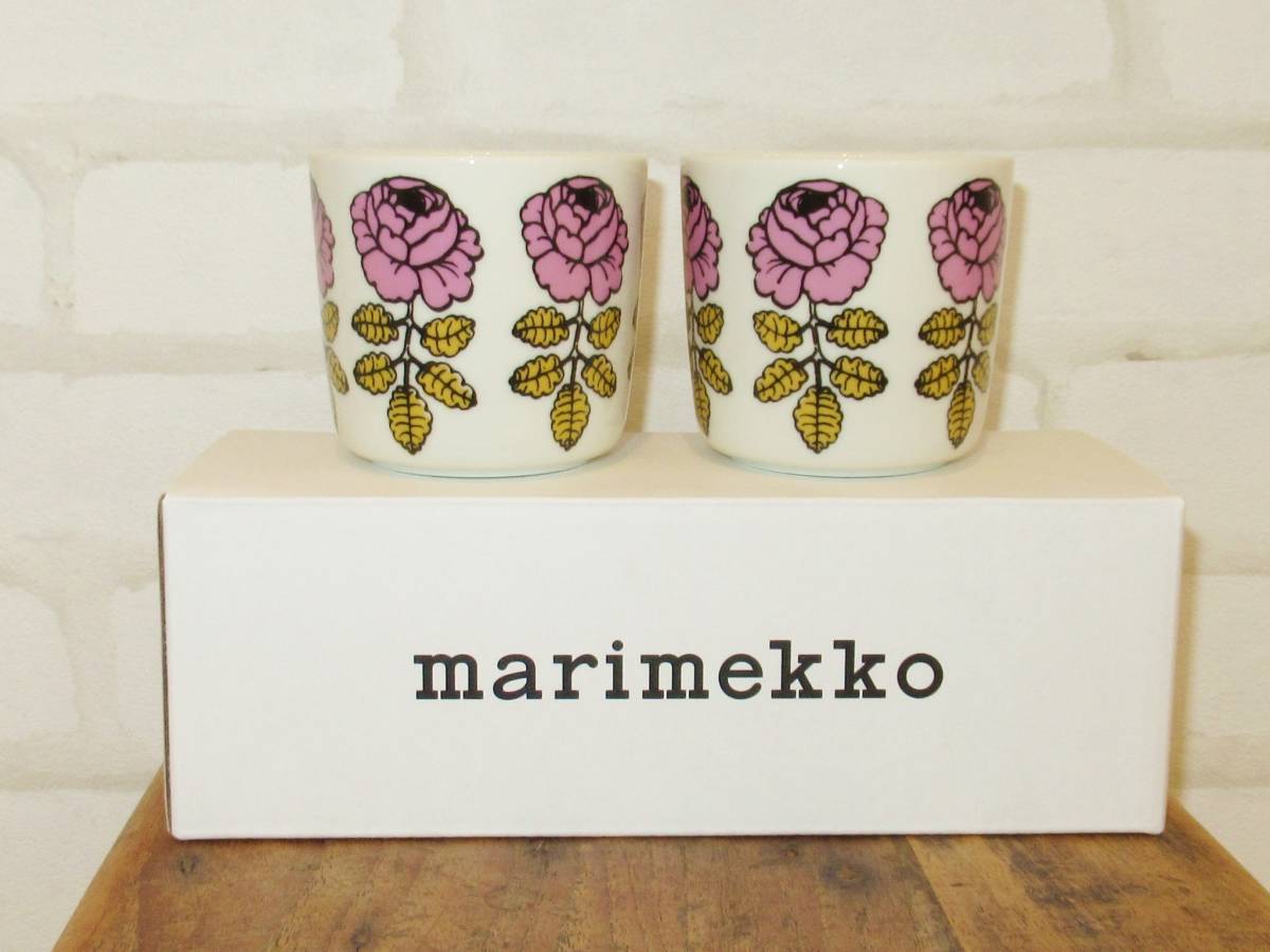 公式サイト完売！国内正規品・新品【marimekko/Vihkiruusu】ラテマグ２カップセット/ピンク薔薇柄/ヴィヒキルースマリメッコ人気専用箱付き