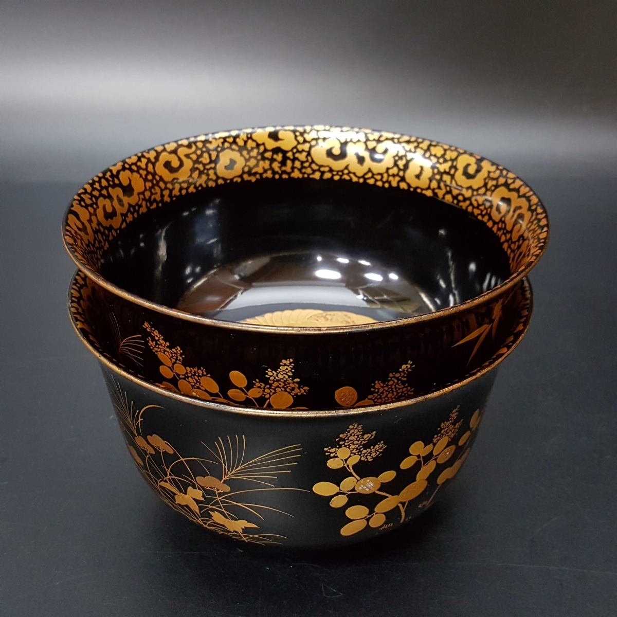 五客 隅切四方膳 足付 黒塗吸物膳 花鳥金蒔絵 時代木製漆器 CH74 文化