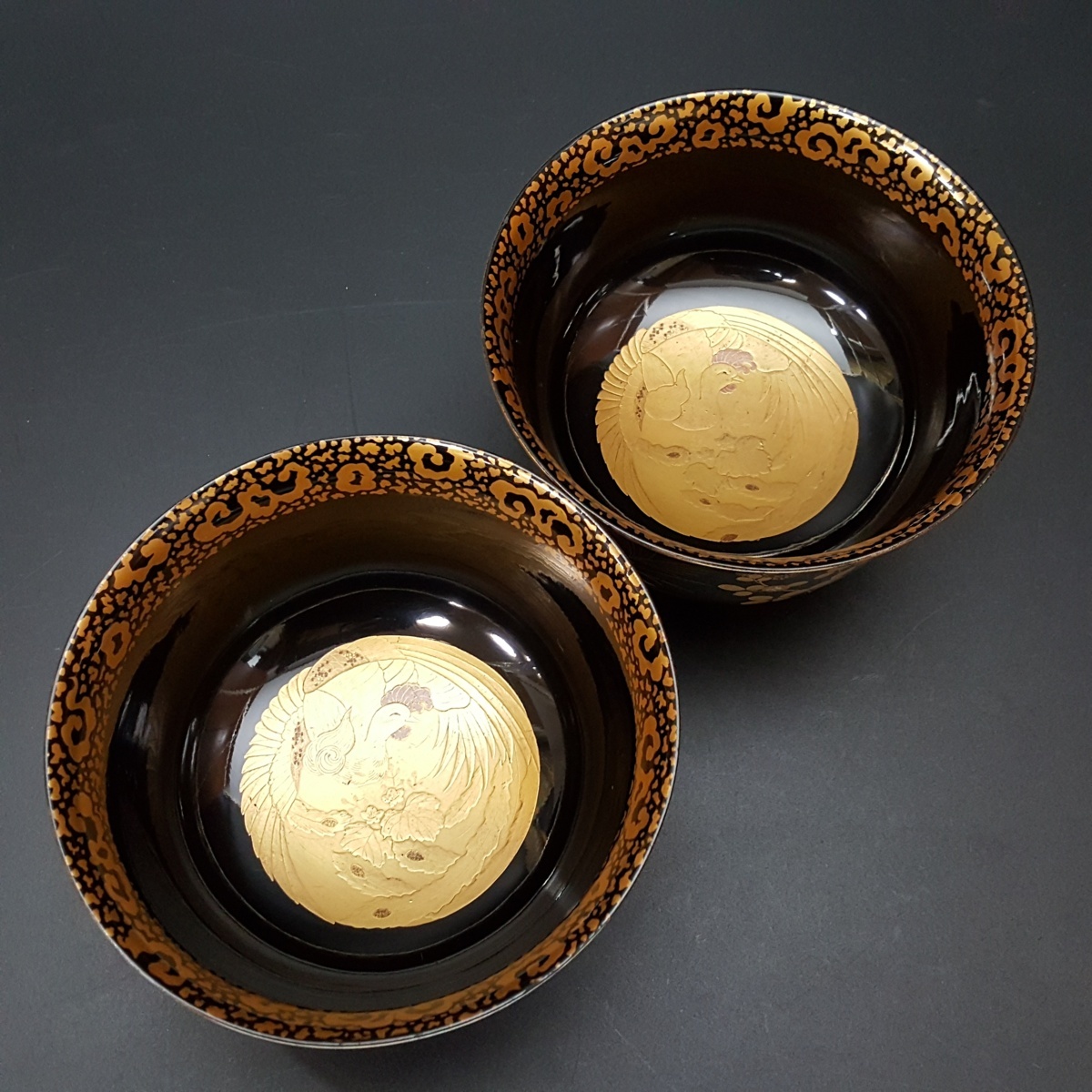 五客 隅切四方膳 足付 黒塗吸物膳 花鳥金蒔絵 時代木製漆器 CH74 文化