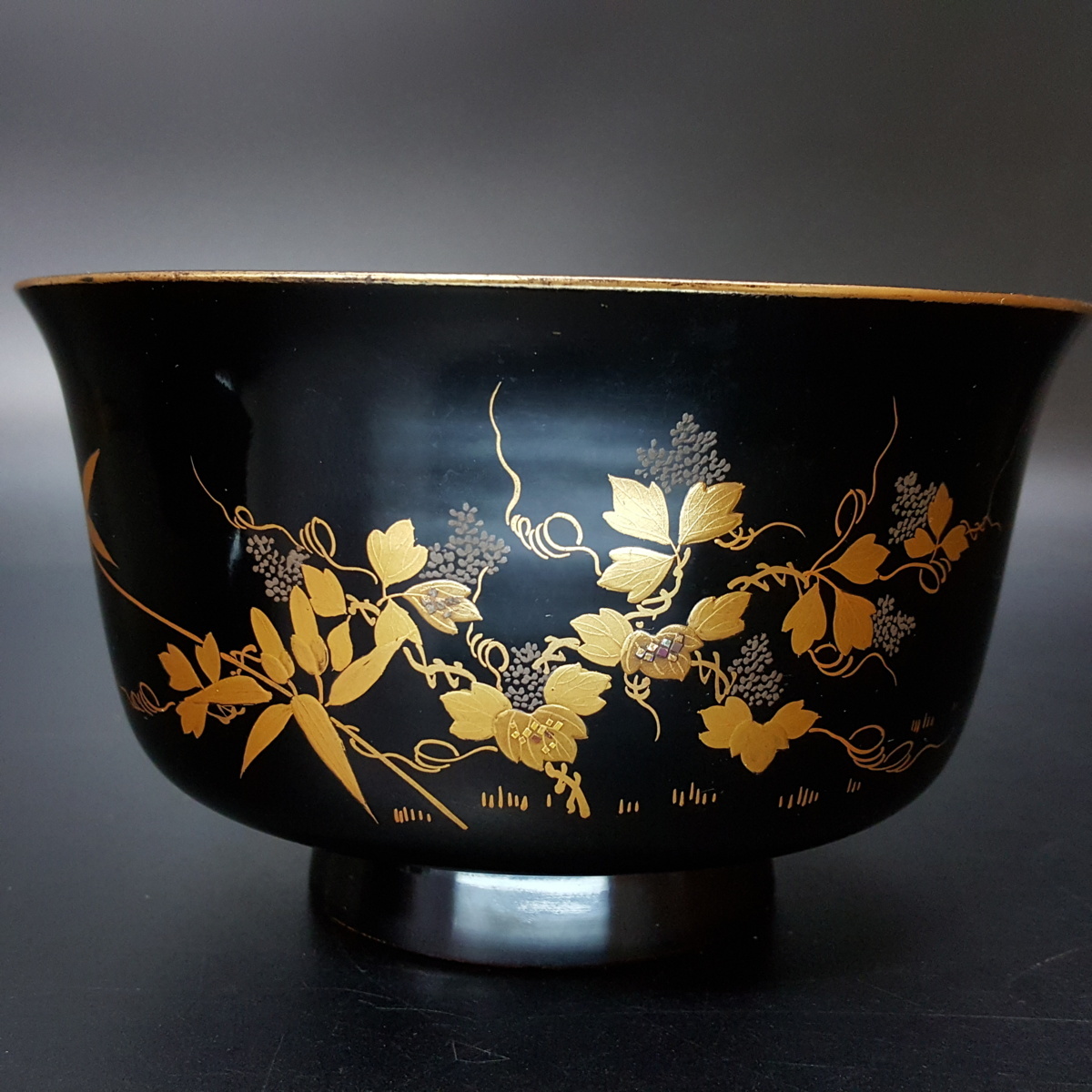 五客 隅切四方膳 足付 黒塗吸物膳 花鳥金蒔絵 時代木製漆器 CH74 文化 五客 隅切四方膳 足付 黒塗吸物膳 花鳥金蒔絵 時代木製漆器 CH74 文化