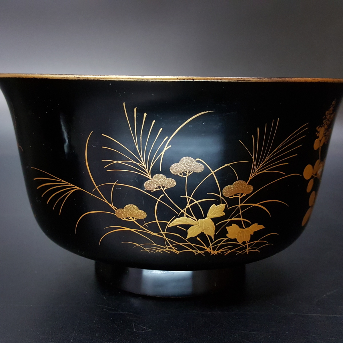 五客 隅切四方膳 足付 黒塗吸物膳 花鳥金蒔絵 時代木製漆器 CH74 文化