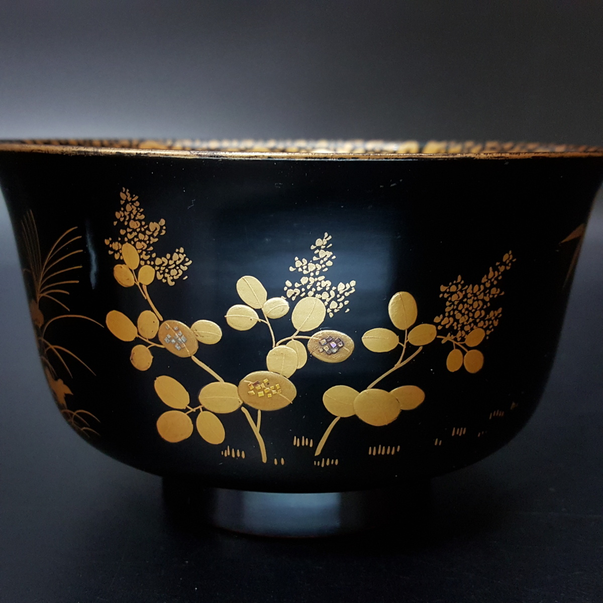 五客 隅切四方膳 足付 黒塗吸物膳 花鳥金蒔絵 時代木製漆器 CH74 文化