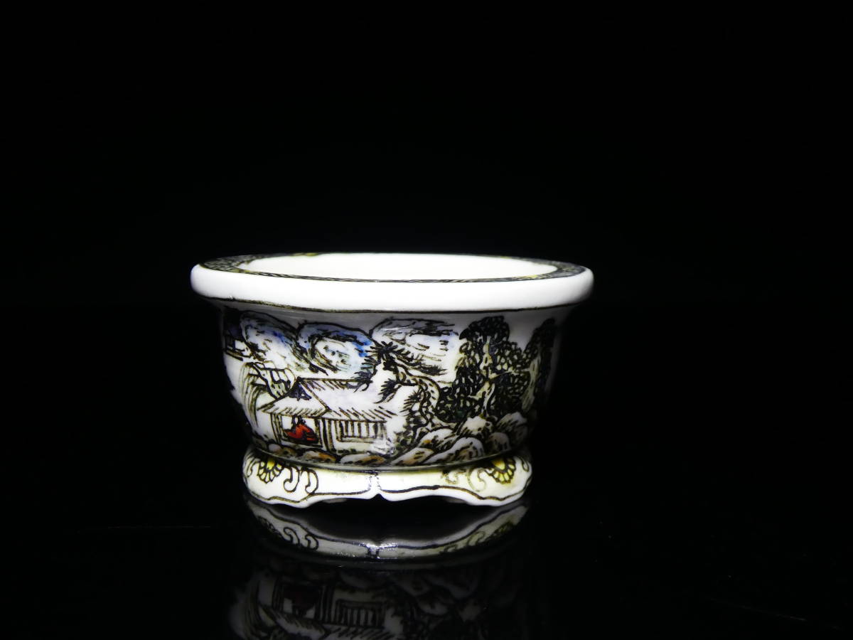 格安，本物保証 上州勝山 五彩山水舟図外縁段脚楕円鉢 size 5.9&times;5.5&times;3.2㎝ 品 共布付 Japanese Bonsai-hachi(鉢)｜売買されたオークション情報、yahooの商品情報をアーカイブ公開 - オークファン 鉢