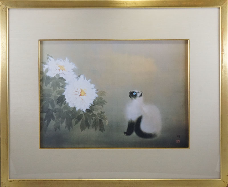 G523◇【加山又造】 代表作 「猫」 オフセット4色刷　石板3色刷　精密複製画　50号　工芸画
