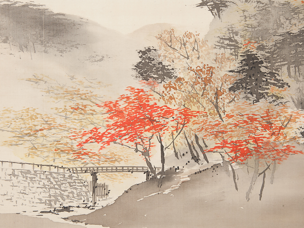 五】大幅 『高野紅葉図』 絹本 彩色 在銘(西田竹儒) 掛軸 箱付 【公式