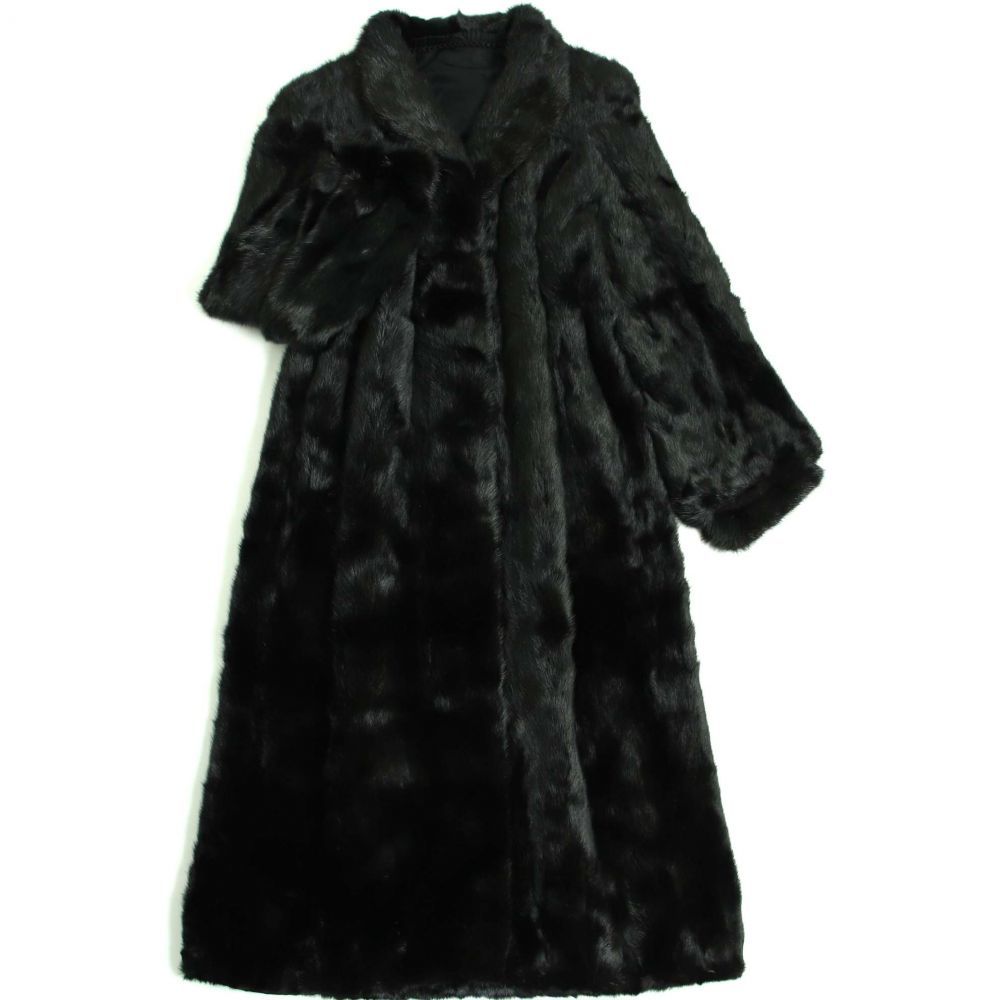美品▽SAGA MINK サガミンク 逆毛 本毛皮ロングコート ブラック 毛質艶 
