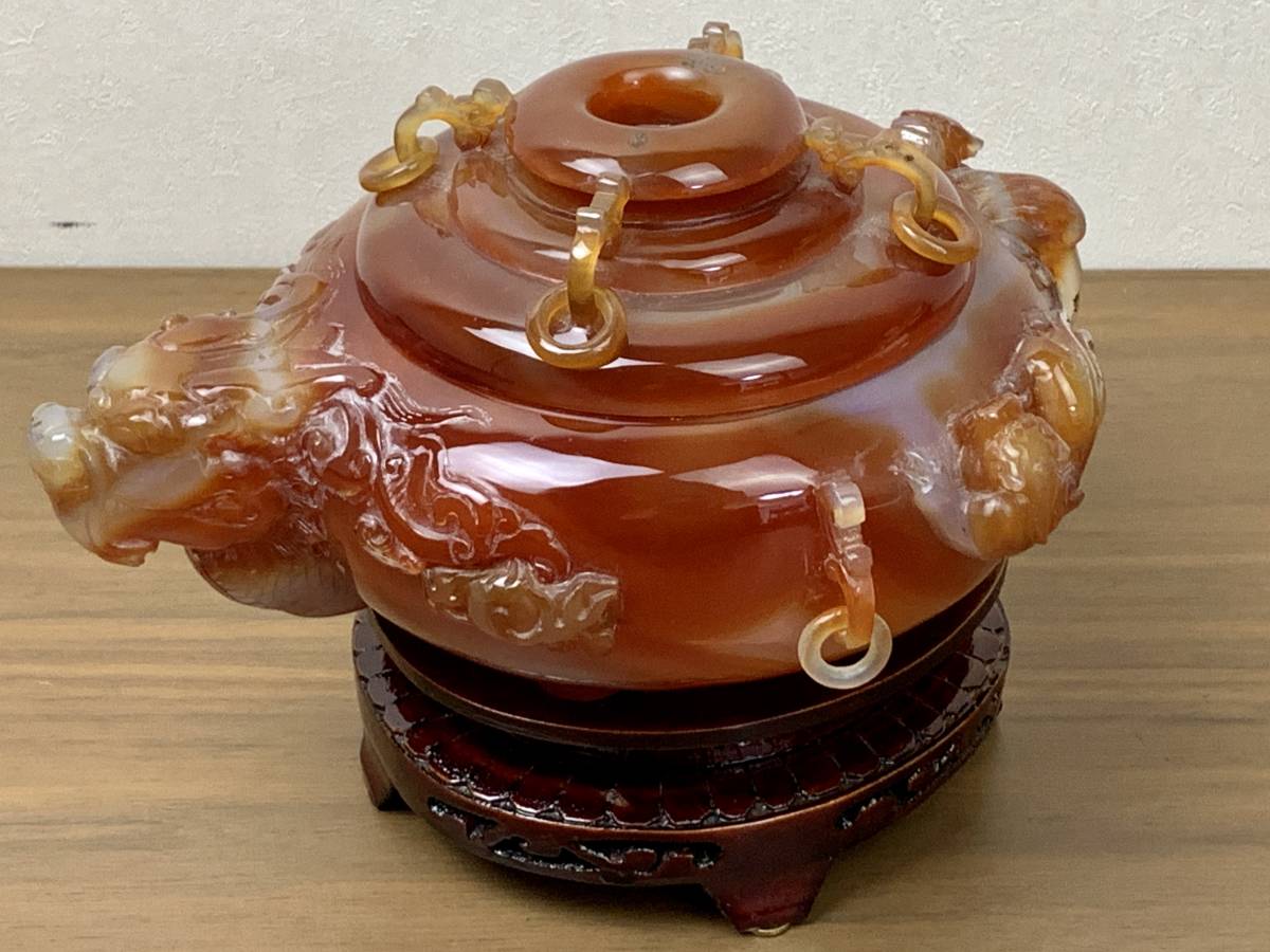 メノウ 台座付き 香炉 小物入れ 置物 瑪瑙 置物 瑪瑙 香炉 三足香炉 花文