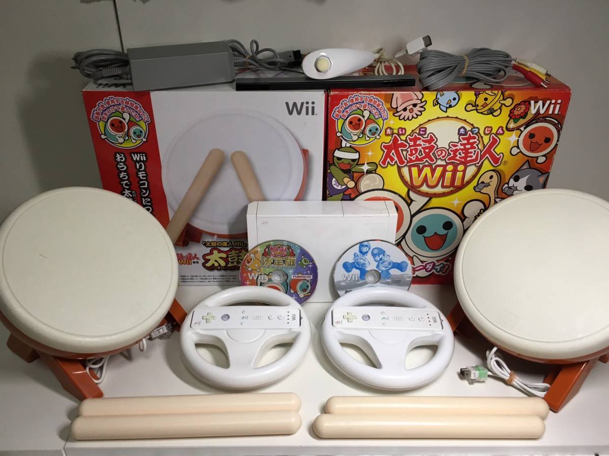 ★1円～★Wii 本体セット【2人で遊べる タタコン / マリオカート ハンドル 2個セット】★ソフト「太鼓の達人 Wii決定版・マリオカートWii」