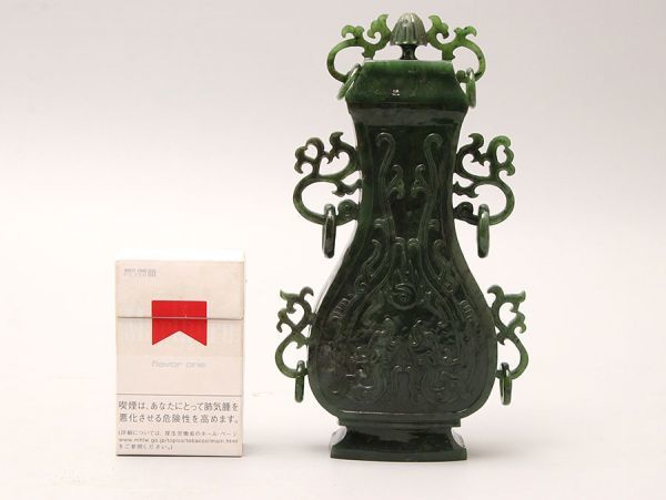 H537. 中国美術 砡彫 唐草耳双龍文 遊環 香炉 唐木台付属 / 時代