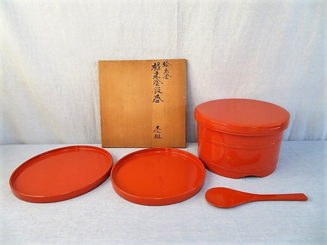 朱塗り おひつ しゃもじ お盆付き 漆器 和食器 k2f87 朱塗 飯器 お櫃