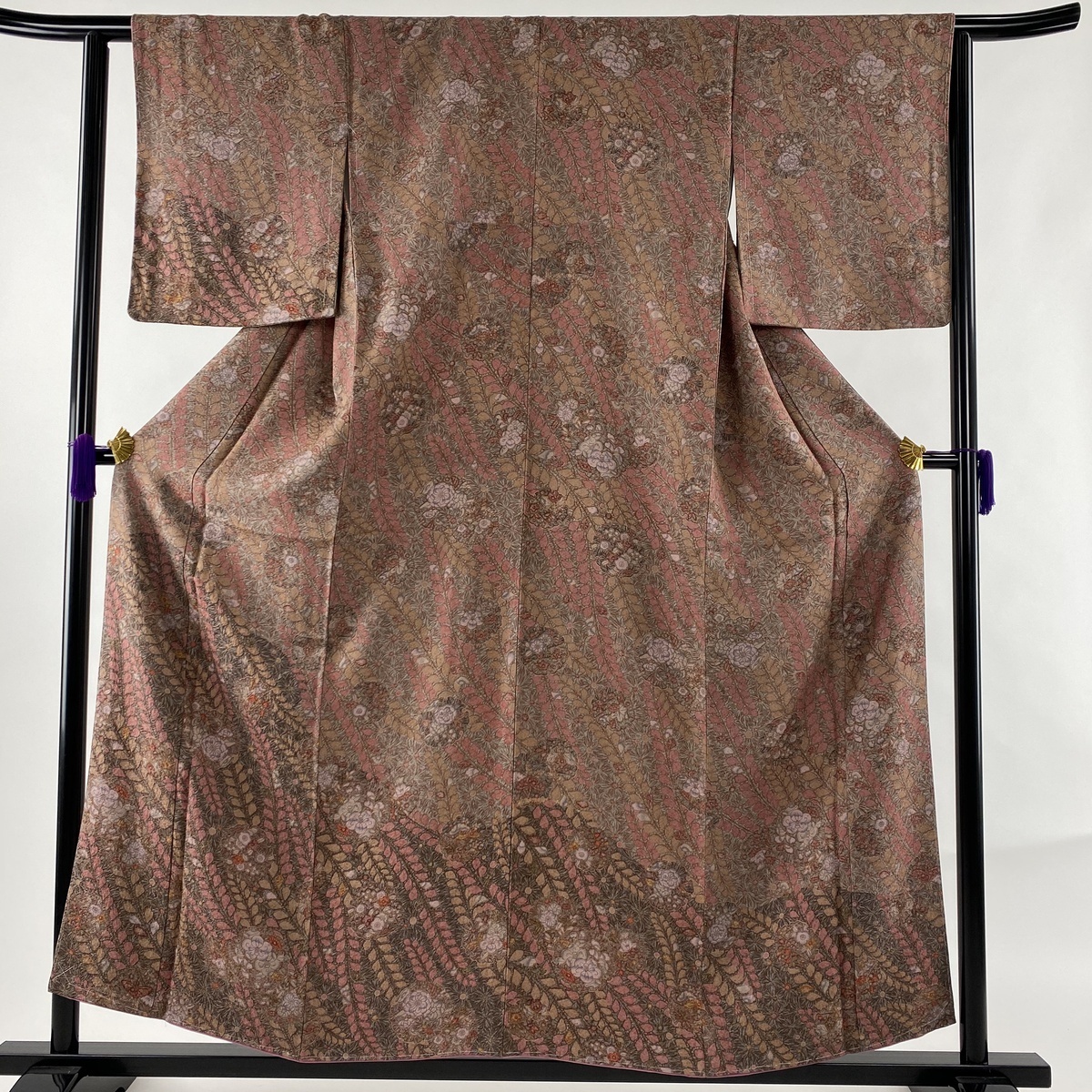 袷 辻が花柄 M 訪問着 正絹 紫 裄丈67cm 金彩 落款 小紋 美品