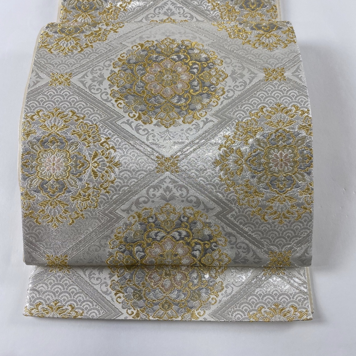 正絹六通袋帯 プラチナ箔二重織 美品 唐織 九寸名古屋帯 逸品 金糸 