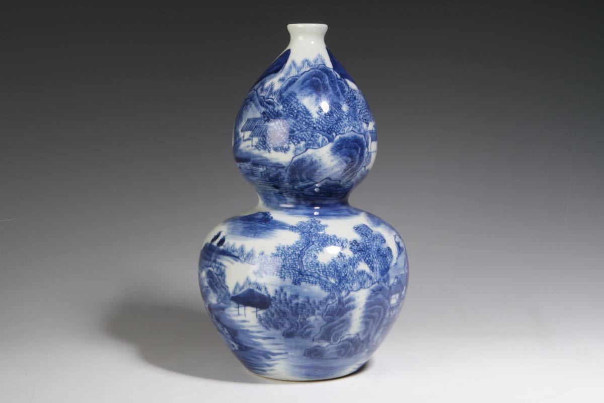 後】NN020【染付山水人物紋瓢箪】古美術品 古玩 骨董品 時代物 古道具