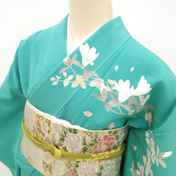 訪問着　フルセット　着物　華やかグリーン　金彩加工　おしどり　R3 訳ありお値打ち品 ◇みやがわ nw114.訪問着 着物 金彩加工 グリーン