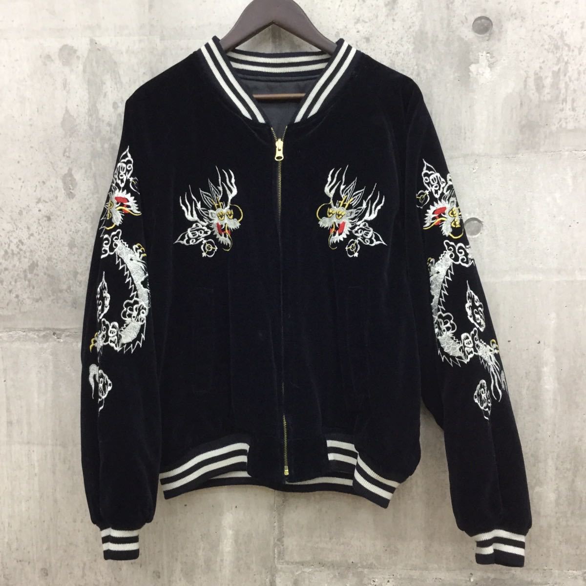 80s〜90s ヴィンテージ スカジャン 日本地図 別珍 虎 舞子 龍 ベロア ヴィンテージ YBSジップ 龍虎 舞妓 地図 刺繍 リバーシブル 中綿