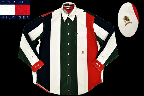 Y-0563★送料無料★TOMMY HILFIGER トミーヒルフィガー★エンブレム刺繍 マルチカラー ストライプ 長袖ボタンダウンシャツ Ｌ