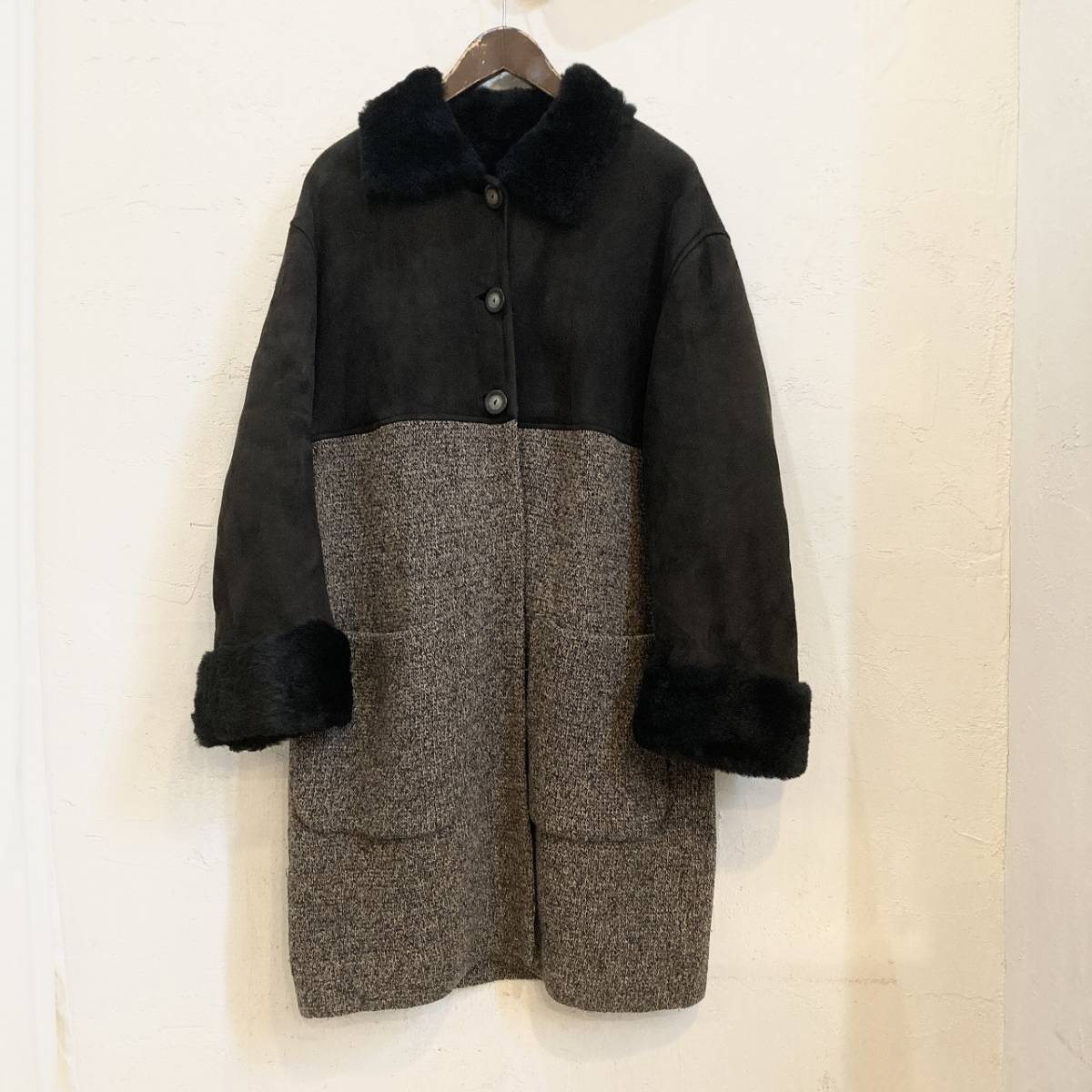 Castelbajac カステルバジャック レザー ニット 切替 ボア ロング 
