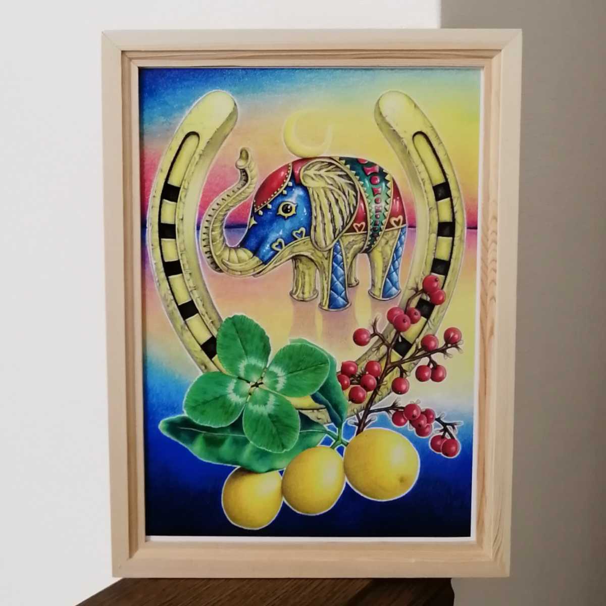 額付き 手描きイラストプリント 絵 馬蹄 象 四つ葉のクローバー 南天 金柑 縁起 風水 開運 招福 手描きイラスト 売買されたオークション情報 Yahooの商品情報をアーカイブ公開 オークファン Aucfan Com