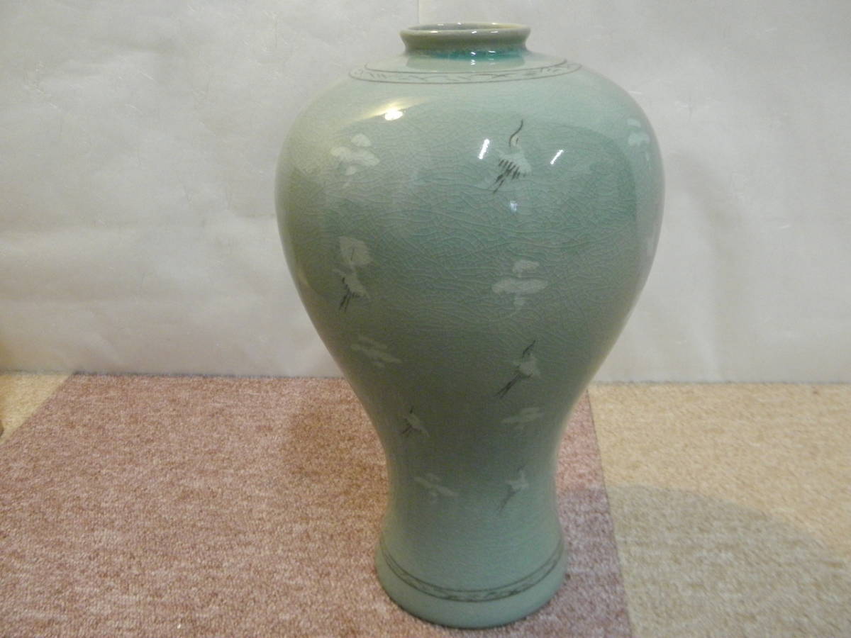 ○HS/ 芸林陶窯 申根珠造 高麗青磁花瓶 韓国 青磁壺 陶磁器 花器 花瓶 
