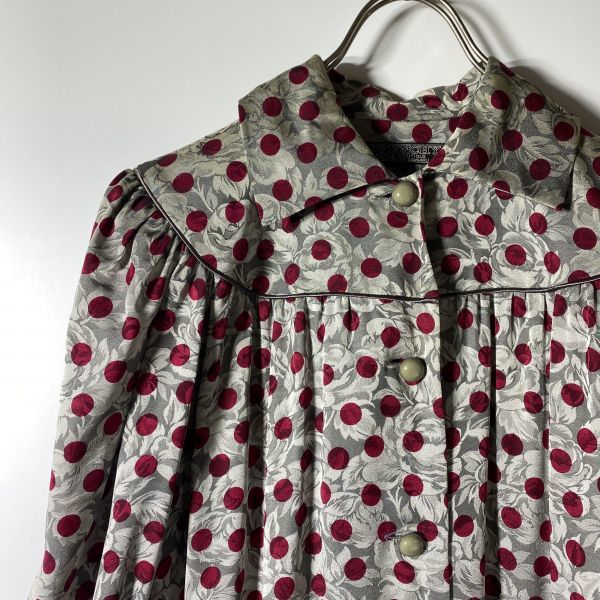 ビンテージ ジバンシィ GIVENCHY シルク100% 総柄 花柄 水玉 ワンピース ロング丈 肩パット 長袖 日本製
