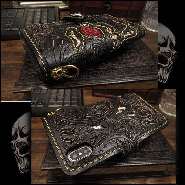 送料無料 iPhone 11 iPhoneケース スマホケース 手帳型 レザーケース スカル カービング コンチョ付き ドクロ 骸骨 ゴシック調デザイン