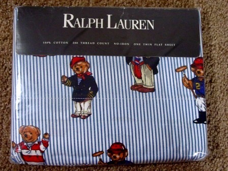 未使用 Ralph Lauren ポロベア フラットシーツ ブルー ストライプ