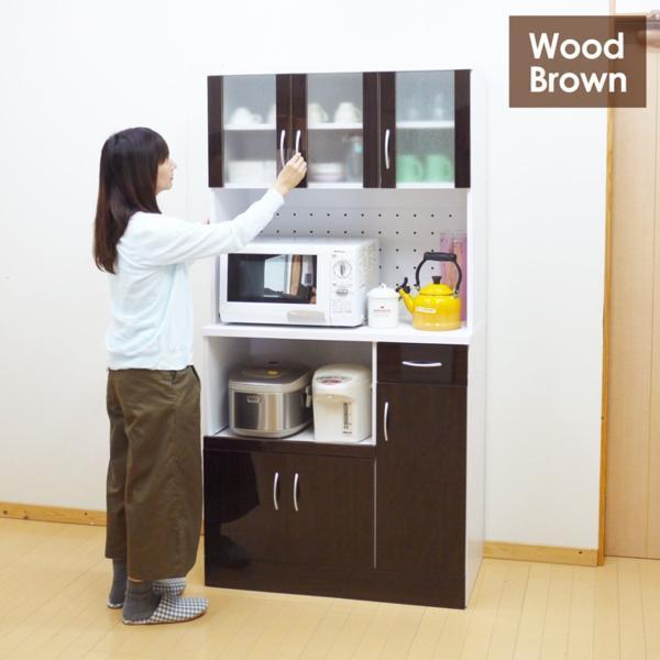 1円スタート☆【訳アリ】鏡面食器棚レンジボード90 ブラウン (kc517)_1