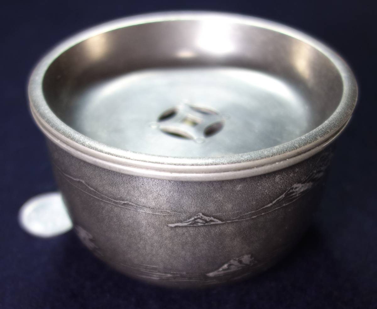 高級煎茶道具 本錫製 唐山水図 煎茶用建水 間村自造 古金属研究 金属