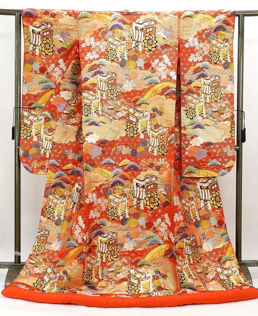 色打掛 正絹 麻の葉四季花御所車模様 打掛 花嫁衣裳 婚礼 良品 リサイクル 着物 e3013