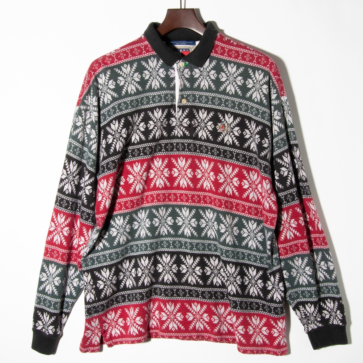 90s TOMMY HILFIGER フラッグタグ 総柄ポロシャツ トミーヒルフィガー 