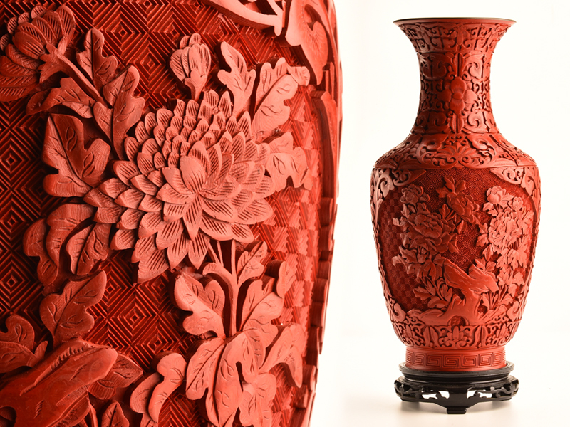 新作登場 【流】中国美術 堆朱細密花彫大花瓶 高38cm CZ054
