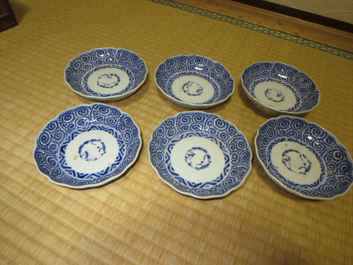 古伊万里・染付蛸唐草文膾皿・六客 染付 古伊万里 膾
