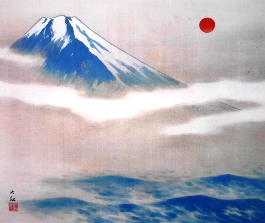 横山大観『富士』◇工芸画8号 絹本◇版上サイン有◇日本画巨匠！文化