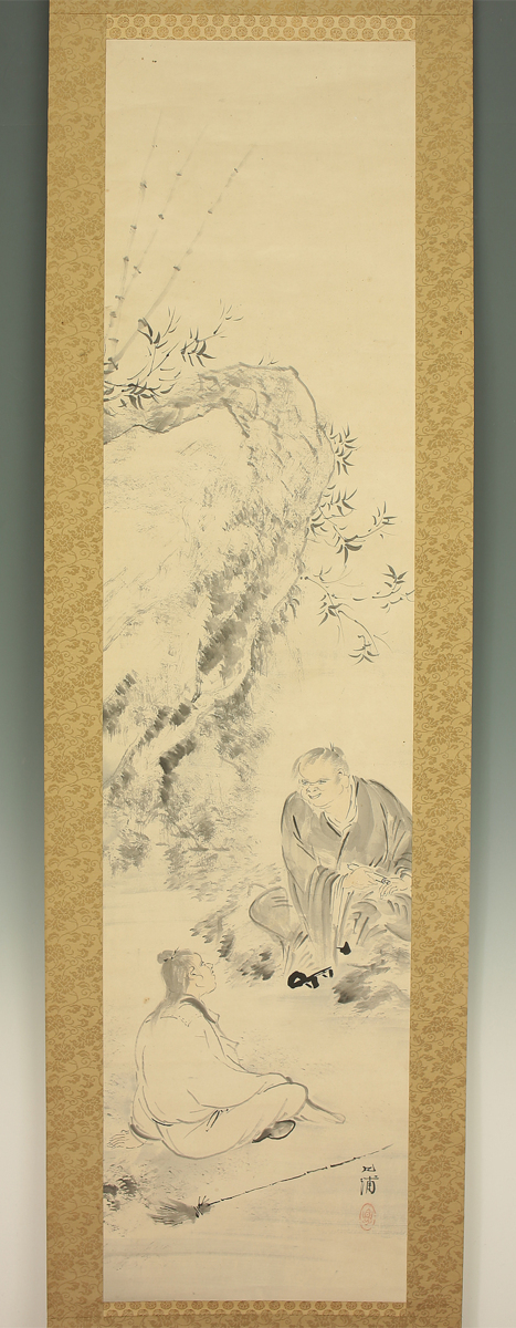 模写】 《亀俵》 掛軸 寒山拾得図 明治-昭和時代日本画家(野田九浦) 共 寒山拾得掛軸箱あり