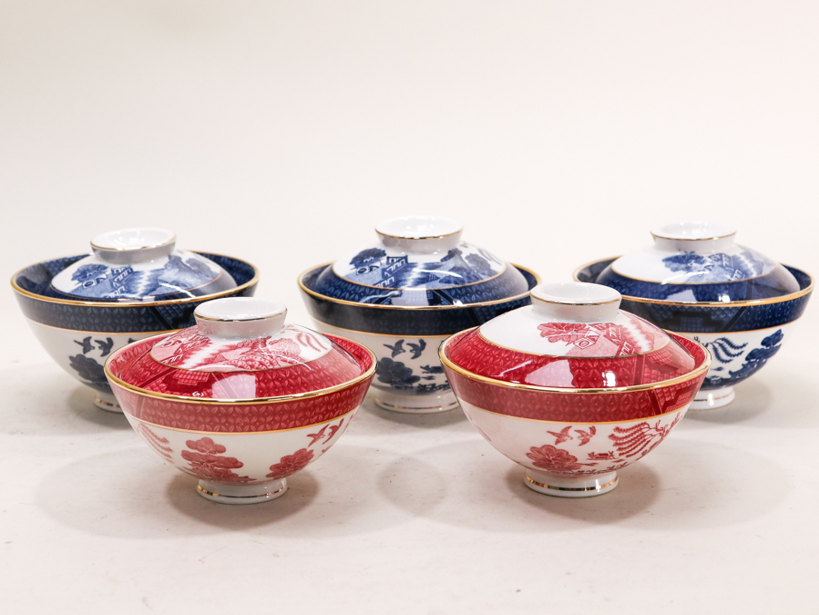 蓋つき煮物椀 陶器 亀甲 彩色 5個セット 昭和初期 蓋付きお椀 代赭色