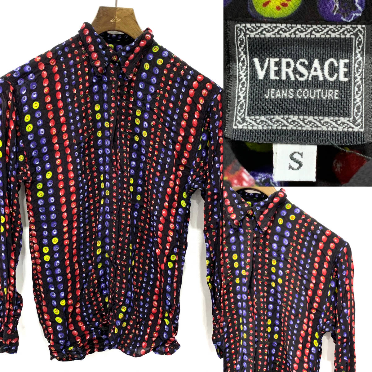 ITALY製 VERSACE 総柄長袖シャツ ドレスシャツ フルーツ柄 ハイ 