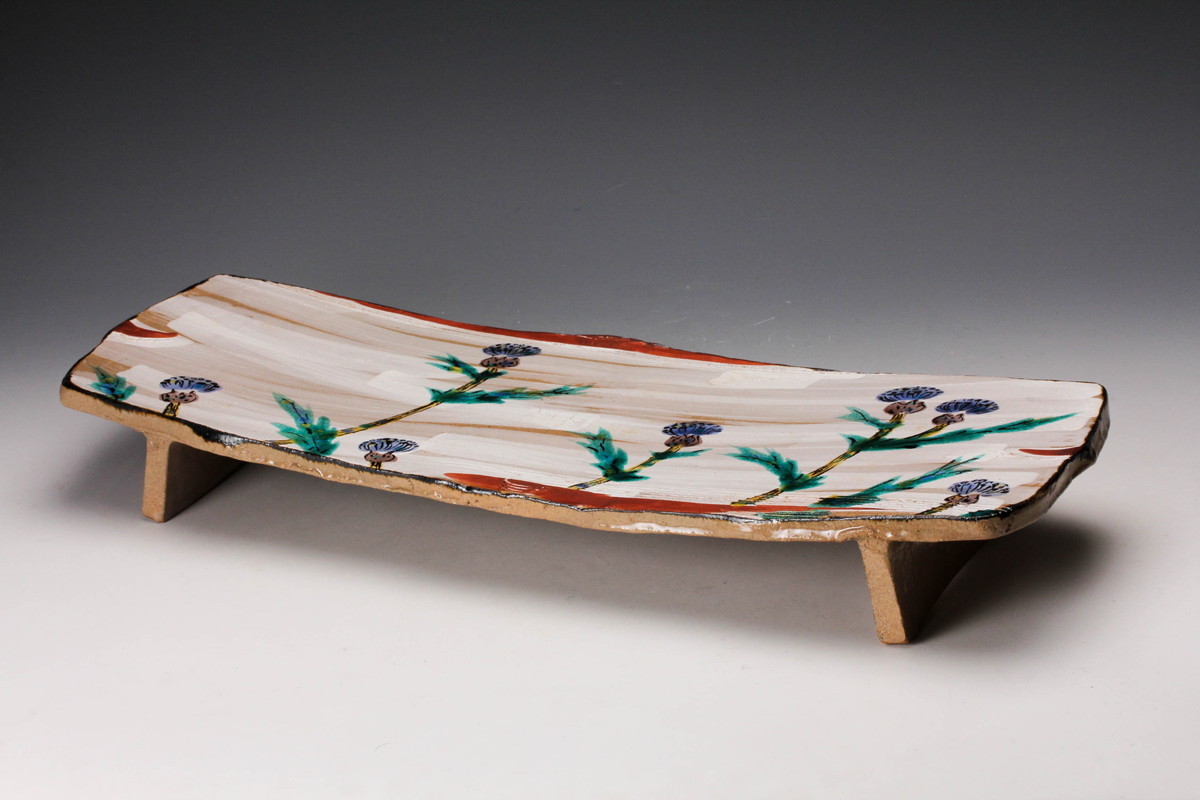 佳香】杉本浩太郎 幅50cm 色絵薊紋俎板皿 共箱 本物保証 陶芸